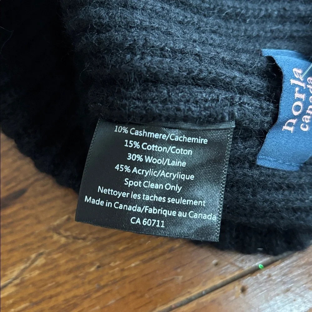 NORLA CANADA Black Cashmere Wool Blend Beanie Hat Ribbed Stretch NWT One Size